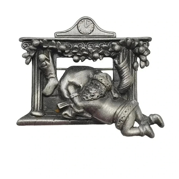 N/A Jewelry - Pewter Christmas Santa's Chimney Fireplace Brooch Pin Vintage